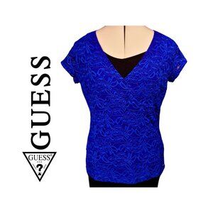 GUESS Royal Blue Floral Lace V-Neck Top – Women’s XL